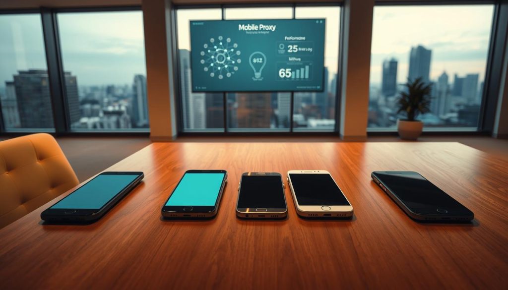 A modern office interior with a large window overlooking a cityscape. On a sleek wooden desk, several smartphones are arranged, representing different mobile proxy services. The lighting is warm and subtle, creating a professional, technology-focused atmosphere. The smartphones feature clean, minimalist designs, hinting at the user-friendly interfaces of the proxy providers. In the background, a wall-mounted display shows network diagrams and performance metrics, emphasizing the technical capabilities of the services. The overall scene conveys a sense of efficiency, connectivity, and the importance of mobile proxy solutions for seamless browsing and online privacy. A modern office interior with a large window overlooking a cityscape. On a sleek wooden desk, several smartphones are arranged, representing different mobile proxy services. The lighting is warm and subtle, creating a professional, technology-focused atmosphere. The smartphones feature clean, minimalist designs, hinting at the user-friendly interfaces of the proxy providers. In the background, a wall-mounted display shows network diagrams and performance metrics, emphasizing the technical capabilities of the services. The overall scene conveys a sense of efficiency, connectivity, and the importance of mobile proxy solutions for seamless browsing and online privacy.