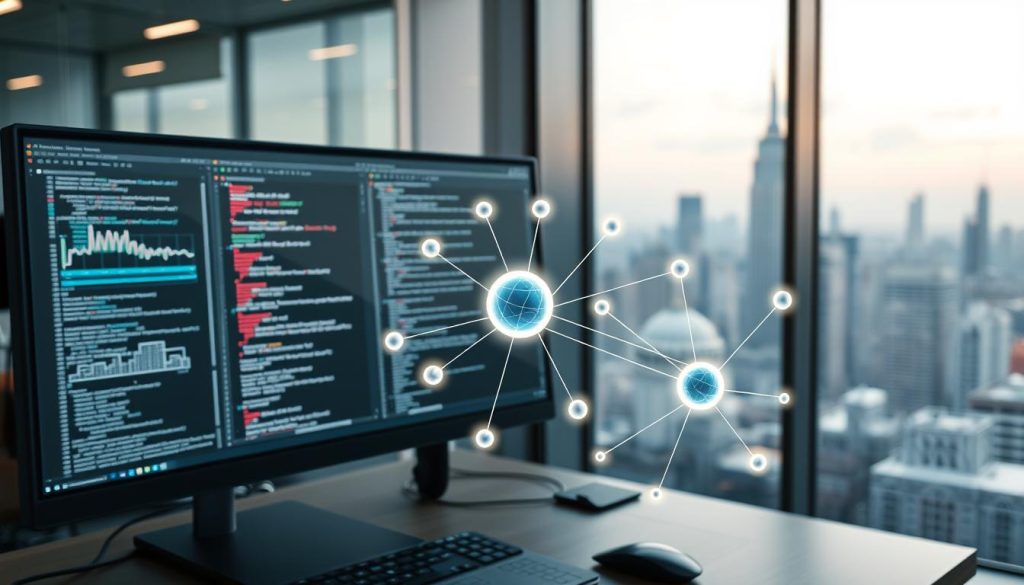 A modern office workspace showcasing advanced technological infrastructure for web scraping. In the foreground, a sleek computer workstation displays multiple coding windows, with graphs and data visualizations depicting the power of proxies. The middle ground features a digital representation of networks, symbolizing a reliable proxy system with glowing lines connecting various nodes. The background shows a panoramic view of a bustling city skyline, indicating a global reach. Soft, ambient lighting casts a professional and focused atmosphere, while a shallow depth of field emphasizes the workstation. The image conveys a sense of reliability and innovation in web scraping, appealing to tech-savvy professionals.