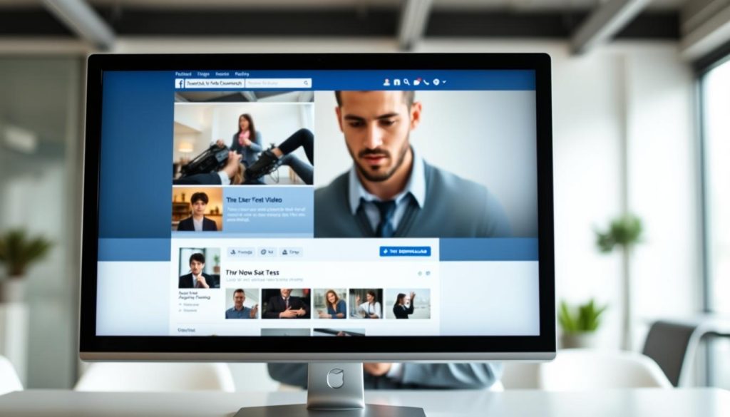 A modern, sleek interface of a Facebook video download website displayed prominently on a computer screen in the foreground. The screen shows a user-friendly layout with video thumbnails, download buttons, and a progress bar, all set against a clean, minimalist background. In the middle ground, a person in smart casual attire is focused on the screen, with a hint of concentration visible on their face, emphasizing the application’s utility. The background features an office setting with soft, natural lighting filtering through a window, creating a relaxed yet professional atmosphere. The image captures the essence of a modern digital tool while ensuring a clear representation of how to navigate video downloading processes legally and effectively.