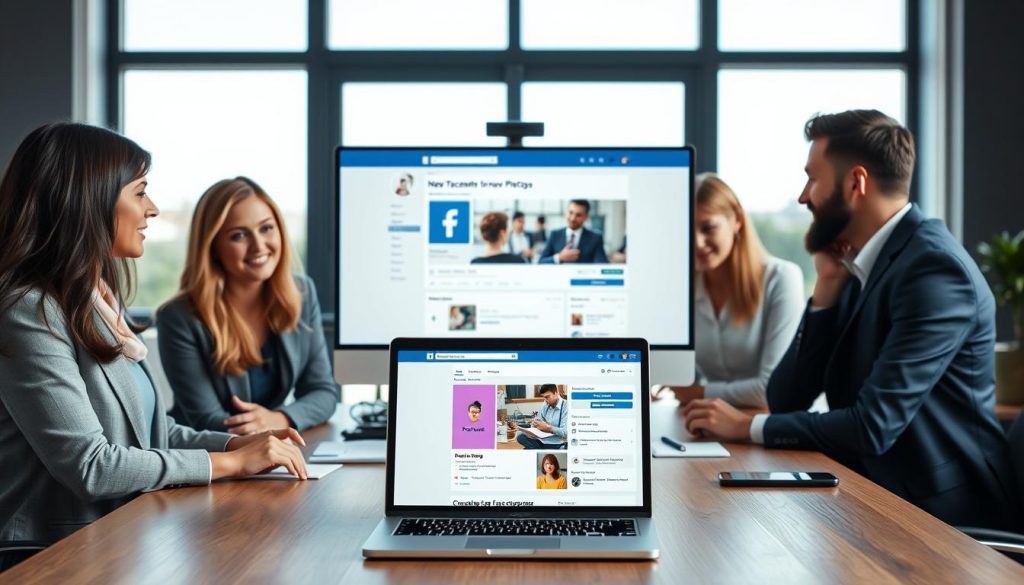 A modern workspace setup featuring a computer screen displaying an engaging Facebook page creation interface. In the foreground, a diverse group of three professionals—two women and one man—dressed in smart casual attire, are gathered around a wooden table, intently discussing the prerequisites for creating a new Facebook page. The middle ground includes a laptop with vibrant graphics highlighting key elements like brand name, profile picture, and cover photo options. In the background, a large window lets in soft, natural light, creating a warm and inviting atmosphere. The overall scene conveys a mood of collaboration and innovation, emphasizing the importance of preparation for social media engagement. The composition emphasizes clarity and focus, with a slight depth of field to draw attention to the subjects.