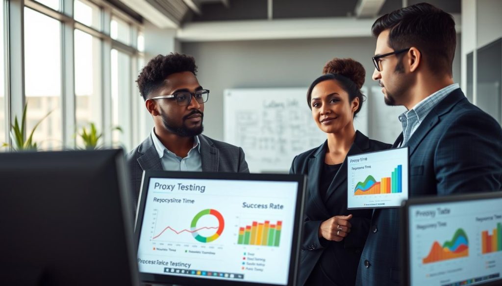 A professional and sleek office environment serves as the backdrop, with large windows allowing natural light to pour in and illuminate the space. In the foreground, a diverse group of three individuals—two men and one woman—are engaged in a deep discussion, surrounded by charts and graphs illustrating proxy evaluation metrics displayed on digital screens. The metrics include response time, success rate, and latency, depicted visually with colorful infographics. They are dressed in professional business attire, exuding a focused and collaborative atmosphere. In the background, a whiteboard filled with analytical notes complements the modern decor, emphasizing a high-tech, efficient vibe. The overall mood conveys motivation and teamwork, highlighting the importance of effective proxy testing in a corporate setting, with a soft depth of field that keeps the subjects sharp while gently blurring the surroundings.