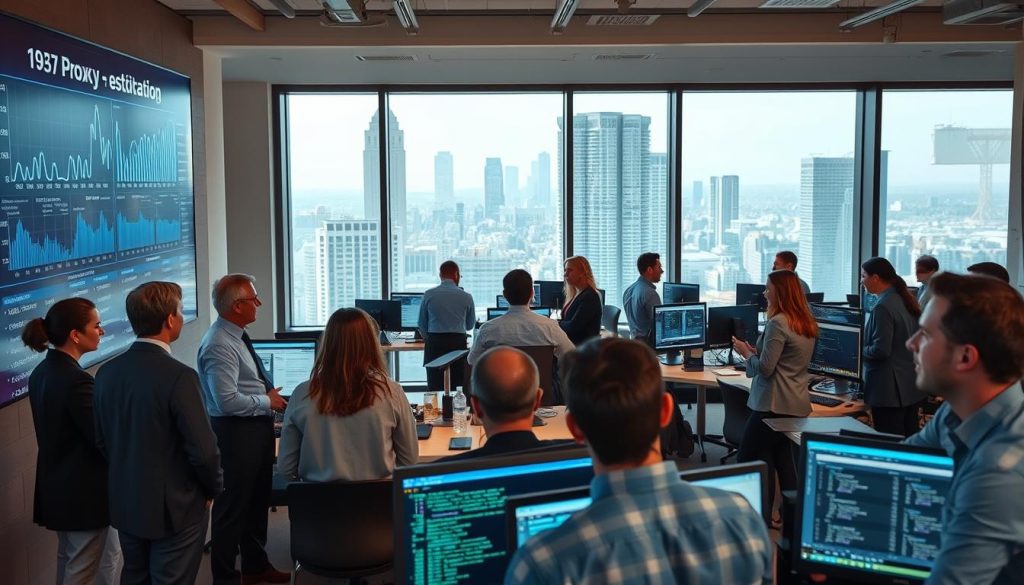 A professional office environment illustrating the concept of proxy testing methods. In the foreground, a group of diverse professionals in business attire are engaged in discussion beside a large digital display showing metrics and graphs related to proxy performance. In the middle, several workstations set up with computers, suggesting an active testing environment with monitors displaying code, networks, and graphs. The background features a large window with a cityscape view, allowing natural light to illuminate the space, creating a bright and focused atmosphere. Use a wide-angle lens perspective to capture the room’s details, enhancing the sense of teamwork and collaboration. The overall mood should convey professionalism and innovation, emphasizing the significant role of effective proxy testing in modern technology.