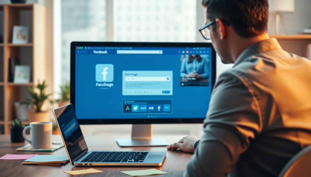 A professional workspace featuring a person in smart casual attire focused on a computer screen displaying the Facebook page creation interface. In the foreground, a close-up of a laptop on a wooden desk with colorful notes and a coffee mug, emphasizing a creative atmosphere. In the middle, the screen shows the Facebook logo and the initial steps for creating a new page, with icons and graphics neatly arranged. The background should have soft-focus elements like indoor plants and a simple, organized bookshelf. The lighting is warm and inviting, hinting at productivity and inspiration. The overall mood is encouraging and informative, ideal for illustrating the step-by-step process of creating a Facebook page.