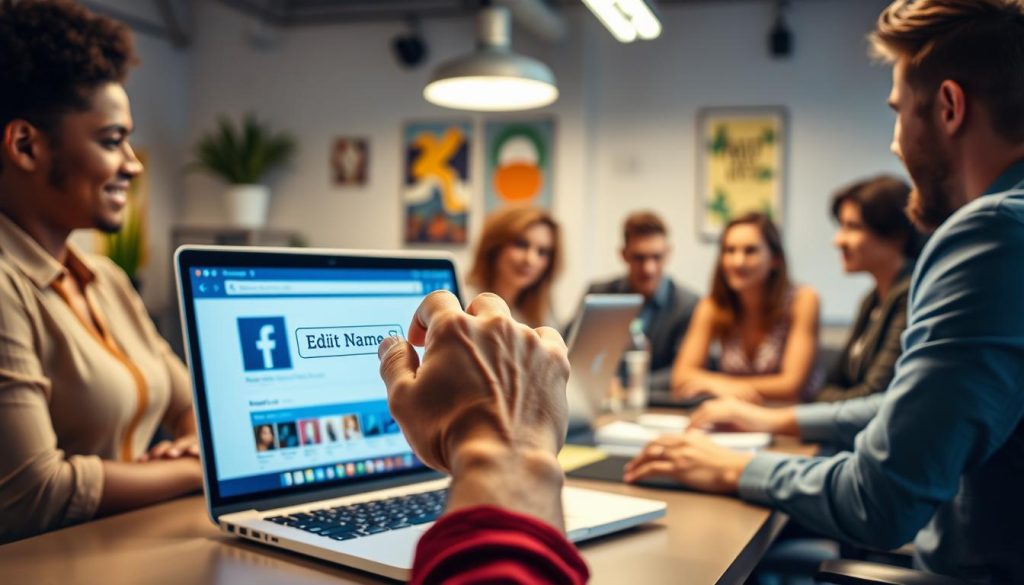 A professional workspace scene featuring a diverse group of individuals seated at a modern desk, focused on a laptop screen displaying the Facebook interface. In the foreground, a close-up of a hand hovering over the "Edit Name" option, symbolizing the action of modifying a name on Facebook. The middle ground showcases the laptop screen with vibrant, user-friendly Facebook design elements in clear view. In the background, softly blurred office decorations, like plants and motivational posters, enhance the atmosphere of productivity. The lighting is bright and inviting, emulating a sense of clarity and purpose. The overall mood conveys a blend of professionalism and casual approachability, resonating with the idea of personal branding in a digital age. A professional workspace scene featuring a diverse group of individuals seated at a modern desk, focused on a laptop screen displaying the Facebook interface. In the foreground, a close-up of a hand hovering over the "Edit Name" option, symbolizing the action of modifying a name on Facebook. The middle ground showcases the laptop screen with vibrant, user-friendly Facebook design elements in clear view. In the background, softly blurred office decorations, like plants and motivational posters, enhance the atmosphere of productivity. The lighting is bright and inviting, emulating a sense of clarity and purpose. The overall mood conveys a blend of professionalism and casual approachability, resonating with the idea of personal branding in a digital age.