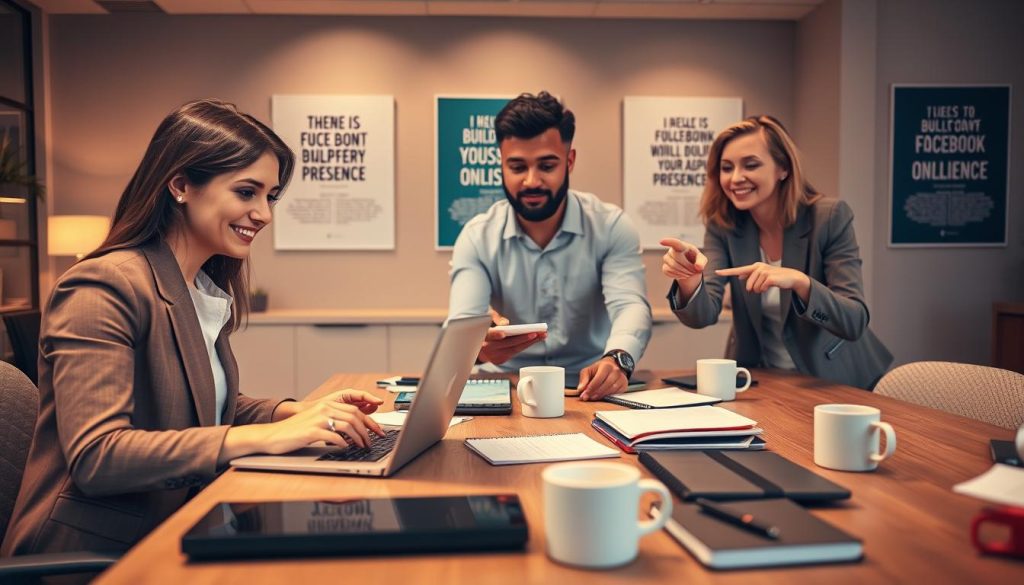 A professional workspace setting depicting a diverse group of three individuals engaged in creating a new Facebook page. In the foreground, a focused woman in business attire types on a laptop, while a man in a casual button-up shirt sketches ideas on a notepad. The third person, a woman in a smart blazer, points at the laptop screen with a smile, suggesting collaboration. In the middle ground, a stylish desk cluttered with digital devices, notebooks, and coffee mugs reflects an atmosphere of creativity and productivity. The background features a softly lit office with motivational posters about building an online presence. The scene is well-lit with warm, inviting lighting, creating a friendly and inspiring mood. The angle captures the group from slightly above, adding depth to the composition while maintaining a professional appearance.