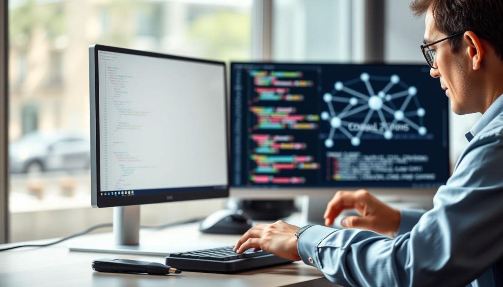 A sleek, modern workspace featuring a computer screen displaying Python code for implementing proxy usage with the Python requests library. In the foreground, a focused software developer, dressed in professional business attire, is intently typing on the keyboard. The middle-background showcases a digital representation of interconnected nodes symbolizing the concept of proxies, with lines connecting various points. Soft, natural lighting illuminates the workspace, creating a calm and productive atmosphere. A subtle bokeh effect in the background adds depth, enhancing the technological theme. The overall composition should convey a sense of mastery and professionalism, suitable for an educational article about using proxies in programming. A sleek, modern workspace featuring a computer screen displaying Python code for implementing proxy usage with the Python requests library. In the foreground, a focused software developer, dressed in professional business attire, is intently typing on the keyboard. The middle-background showcases a digital representation of interconnected nodes symbolizing the concept of proxies, with lines connecting various points. Soft, natural lighting illuminates the workspace, creating a calm and productive atmosphere. A subtle bokeh effect in the background adds depth, enhancing the technological theme. The overall composition should convey a sense of mastery and professionalism, suitable for an educational article about using proxies in programming.
