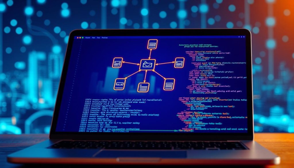 A vibrant, detailed digital illustration depicting the concept of a proxy server integration in Python. In the foreground, a laptop is open with Python code on the screen, showcasing lines of code that signify a proxy server setup. In the middle, a network diagram illustrating the flow of data through various proxies, with visual elements such as arrows and servers, represents the connection pathways. The background features a futuristic digital cityscape symbolizing the internet, with nodes and connections glowing softly in blue and green tones, creating a tech-savvy atmosphere. Soft lighting emphasizes the details of the code and the network connections, captured with a slight depth of field effect to focus on the foreground elements while subtly blurring the background. The overall mood is sophisticated and innovative, reflecting the importance of proxies in modern programming. A vibrant, detailed digital illustration depicting the concept of a proxy server integration in Python. In the foreground, a laptop is open with Python code on the screen, showcasing lines of code that signify a proxy server setup. In the middle, a network diagram illustrating the flow of data through various proxies, with visual elements such as arrows and servers, represents the connection pathways. The background features a futuristic digital cityscape symbolizing the internet, with nodes and connections glowing softly in blue and green tones, creating a tech-savvy atmosphere. Soft lighting emphasizes the details of the code and the network connections, captured with a slight depth of field effect to focus on the foreground elements while subtly blurring the background. The overall mood is sophisticated and innovative, reflecting the importance of proxies in modern programming.