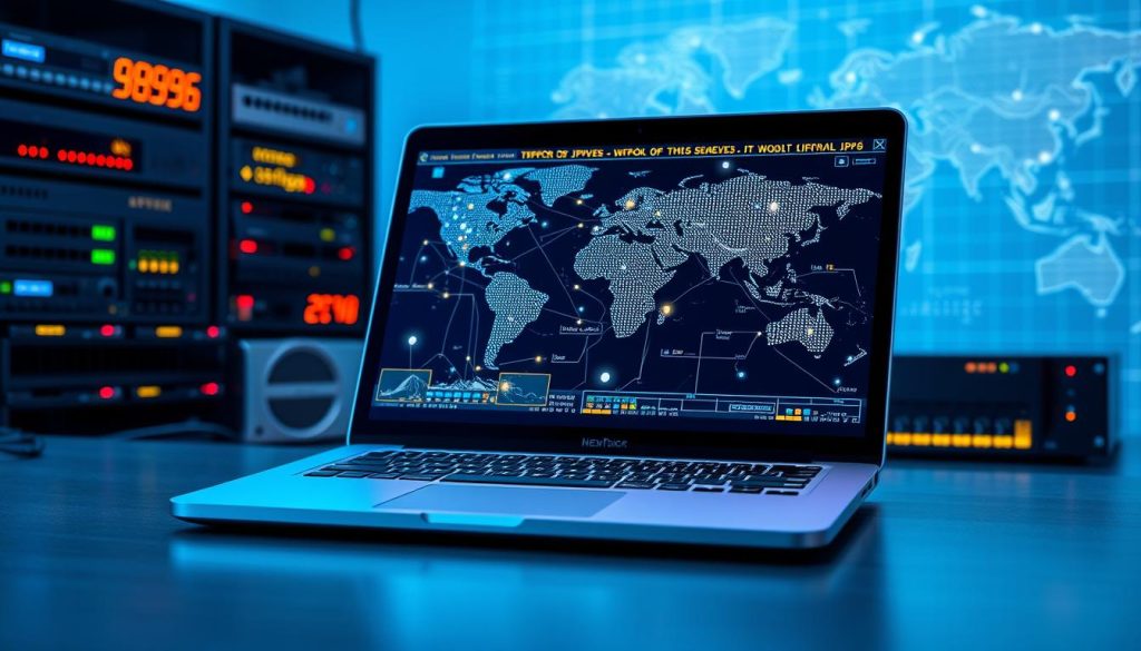 A visually engaging illustration focusing on the essentials of IPv6. In the foreground, depict a sleek, modern laptop displaying a vibrant digital map of interconnected devices, symbolizing the expansive reach of IPv6. The middle ground features an array of diverse networking equipment, like routers and servers, with glowing LED indicators, illustrating the advanced technology behind IPv6. In the background, a stylized world map with a network grid overlay conveys the global nature of the Internet. Use soft, cool lighting to create a professional and educational atmosphere, with a slight lens blur on the background to enhance depth. Capture the essence of innovation and technological evolution, inviting a sense of curiosity and understanding. Aim for a polished, modern aesthetic that appeals to tech enthusiasts. A visually engaging illustration focusing on the essentials of IPv6. In the foreground, depict a sleek, modern laptop displaying a vibrant digital map of interconnected devices, symbolizing the expansive reach of IPv6. The middle ground features an array of diverse networking equipment, like routers and servers, with glowing LED indicators, illustrating the advanced technology behind IPv6. In the background, a stylized world map with a network grid overlay conveys the global nature of the Internet. Use soft, cool lighting to create a professional and educational atmosphere, with a slight lens blur on the background to enhance depth. Capture the essence of innovation and technological evolution, inviting a sense of curiosity and understanding. Aim for a polished, modern aesthetic that appeals to tech enthusiasts.