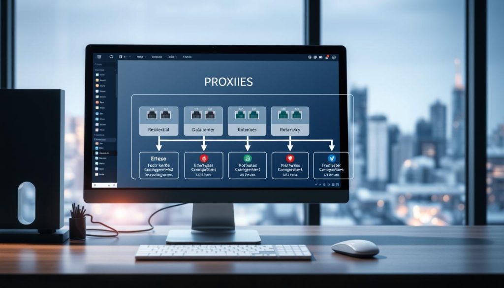 A visually engaging illustration of different types of proxies, showcasing a layered composition. In the foreground, a sleek computer workstation displaying multiple network connections with visual representations of various proxies: residential, data center, and rotating proxies. The middle ground features a digital graphic depicting each proxy type in a flowchart style, with defined categories and colorful icons. In the background, a blurred city skyline represents the global aspect of internet connectivity. Utilize soft, modern lighting to create a professional atmosphere, with a slight depth of field to emphasize the workbench in sharp focus. Convey a sense of innovation and technology, highlighting the importance of effective proxy testing. Maintain a clean and contemporary aesthetic, free of any text or logos.