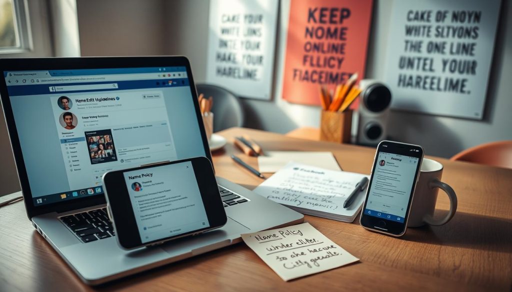 A visually engaging workspace showcasing Facebook name editing guidelines. In the foreground, a sleek laptop displays an open Facebook interface with the name editing section highlighted, accompanied by a smartphone showing the same screen for a modern touch. The middle ground features an organized desk with stationery, a notepad with hand-written notes on name policy highlights, and a coffee mug, all reflecting a motivated work atmosphere. The background layers soft-focus motivational posters about clarity and authenticity in online identity, creating a professional yet friendly mood. Soft, natural lighting fills the scene, casting gentle shadows, and the angle should be slightly tilted to capture the vibrancy of the workspace. The overall ambiance is one of productivity and understanding, inviting the viewer to explore Facebook's name policy guidelines. A visually engaging workspace showcasing Facebook name editing guidelines. In the foreground, a sleek laptop displays an open Facebook interface with the name editing section highlighted, accompanied by a smartphone showing the same screen for a modern touch. The middle ground features an organized desk with stationery, a notepad with hand-written notes on name policy highlights, and a coffee mug, all reflecting a motivated work atmosphere. The background layers soft-focus motivational posters about clarity and authenticity in online identity, creating a professional yet friendly mood. Soft, natural lighting fills the scene, casting gentle shadows, and the angle should be slightly tilted to capture the vibrancy of the workspace. The overall ambiance is one of productivity and understanding, inviting the viewer to explore Facebook's name policy guidelines.