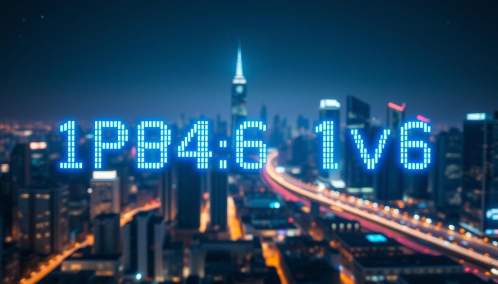 A visually striking representation of an IPv6 address format, depicted as a glowing digital matrix in the foreground. The IPv6 address, structured with eight groups of four hexadecimal digits, should be illuminated in vibrant shades of blue and green, emphasizing its modernity. In the middle ground, a futuristic cityscape symbolizes the expanding digital landscape, filled with skyscrapers illuminated by soft neon lighting. The background should feature a night sky with stars and subtle hints of data streams flowing between the buildings, representing connectivity. The atmosphere is innovative and tech-focused, with a slight depth of field effect achieved by a 50mm lens, allowing the foreground elements to stand out sharply against the blurred city. The overall mood is vibrant and forward-thinking, encapsulating the essence of next-generation networking. A visually striking representation of an IPv6 address format, depicted as a glowing digital matrix in the foreground. The IPv6 address, structured with eight groups of four hexadecimal digits, should be illuminated in vibrant shades of blue and green, emphasizing its modernity. In the middle ground, a futuristic cityscape symbolizes the expanding digital landscape, filled with skyscrapers illuminated by soft neon lighting. The background should feature a night sky with stars and subtle hints of data streams flowing between the buildings, representing connectivity. The atmosphere is innovative and tech-focused, with a slight depth of field effect achieved by a 50mm lens, allowing the foreground elements to stand out sharply against the blurred city. The overall mood is vibrant and forward-thinking, encapsulating the essence of next-generation networking.