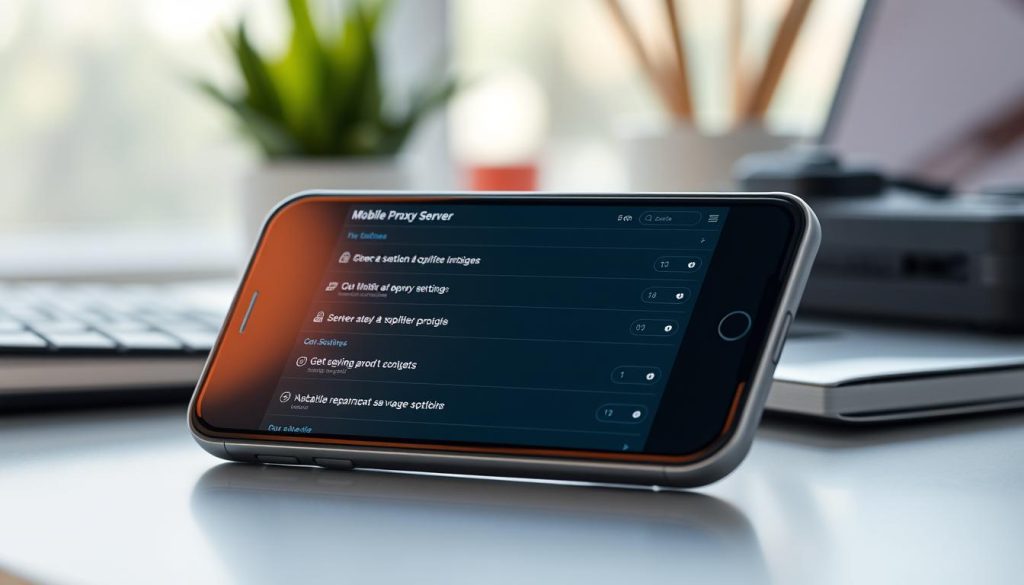 A well-lit, high-resolution, photorealistic image of a smartphone displaying a mobile proxy server interface, showcasing its user-friendly design and intuitive controls. The smartphone is placed on a sleek, modern desk, with a blurred background highlighting the importance of mobile proxies for seamless browsing. The interface displays various settings and options, conveying the technical capabilities of mobile proxies. The overall scene emanates a sense of efficiency, security, and the essential role of mobile proxies in today's digital landscape. A well-lit, high-resolution, photorealistic image of a smartphone displaying a mobile proxy server interface, showcasing its user-friendly design and intuitive controls. The smartphone is placed on a sleek, modern desk, with a blurred background highlighting the importance of mobile proxies for seamless browsing. The interface displays various settings and options, conveying the technical capabilities of mobile proxies. The overall scene emanates a sense of efficiency, security, and the essential role of mobile proxies in today's digital landscape.