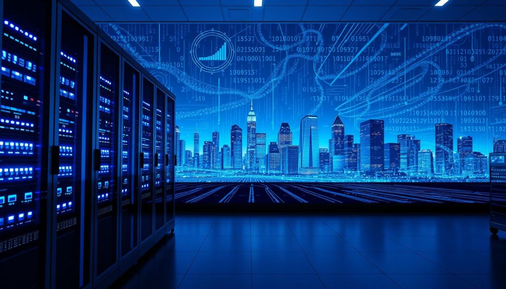 An illustration of the concept of web scraping proxies, featuring a digital landscape that represents data flow. In the foreground, display sleek server racks glowing softly with blue LED lights, symbolizing powerful proxy servers. In the middle, a stylized representation of a network against a backdrop of abstract data streams, including flowing lines of code, graphs, and charts reflecting analytics. In the background, a city skyline made of binary code, hinting at the vastness of data available for collection. The lighting is bright but cool, creating a tech-savvy atmosphere. Use a wide-angle lens perspective to enhance the depth, emphasizing the connection between proxies and data gathering, evoking a professional and innovative mood.
