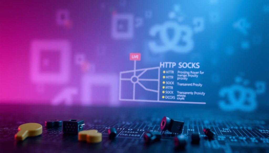 An infographic-style image showcasing a comparison of different types of proxies for Python projects. In the foreground, include visual representations of various proxy types, such as HTTP, SOCKS, and transparent proxies, depicted as distinct icons or symbols. In the middle ground, create a stylized chart or diagram illustrating the key differences and use cases of each proxy type. The background should be a tech-themed gradient, suggesting a digital environment, with faint circuit patterns or binary code for atmosphere. Use soft, professional lighting to give a polished look, and a slightly elevated angle to provide depth. The overall mood should be informative and engaging, suitable for an educational article. No text or watermarks should be present. An infographic-style image showcasing a comparison of different types of proxies for Python projects. In the foreground, include visual representations of various proxy types, such as HTTP, SOCKS, and transparent proxies, depicted as distinct icons or symbols. In the middle ground, create a stylized chart or diagram illustrating the key differences and use cases of each proxy type. The background should be a tech-themed gradient, suggesting a digital environment, with faint circuit patterns or binary code for atmosphere. Use soft, professional lighting to give a polished look, and a slightly elevated angle to provide depth. The overall mood should be informative and engaging, suitable for an educational article. No text or watermarks should be present.