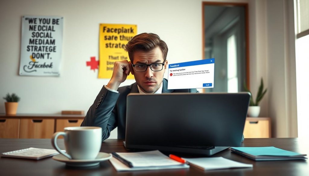 a frustrated business professional, dressed in smart casual attire, seated at a desk with a laptop displaying a Facebook page creation error on the screen, showcasing a pop-up notification in vibrant colors indicating an error message, foreground detailed with a coffee cup and a notepad scattered with notes, middle space featuring motivational posters on the wall about social media strategies, background showing a well-organized office with soft lighting illuminating the scene, conveying a mood of concentration and exasperation, with a focus on the laptop screen highlighting the technical issue, captured at eye level to emphasize the user's perspective while maintaining a clean and professional atmosphere a frustrated business professional, dressed in smart casual attire, seated at a desk with a laptop displaying a Facebook page creation error on the screen, showcasing a pop-up notification in vibrant colors indicating an error message, foreground detailed with a coffee cup and a notepad scattered with notes, middle space featuring motivational posters on the wall about social media strategies, background showing a well-organized office with soft lighting illuminating the scene, conveying a mood of concentration and exasperation, with a focus on the laptop screen highlighting the technical issue, captured at eye level to emphasize the user's perspective while maintaining a clean and professional atmosphere