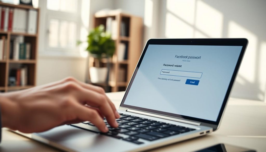 A clean and modern workspace featuring a laptop displaying the Facebook password reset page. In the foreground, a hand reaches towards the laptop keyboard, poised to type. The middle ground shows a close-up of the laptop screen, with a clear view of the Facebook password reset interface, including fields for email and new password. The background includes a softly blurred bookshelf and a potted plant, creating a professional yet inviting atmosphere. Natural lighting streams in from a nearby window, casting soft shadows and highlighting the laptop's screen. The overall mood is focused and determined, capturing the essence of resolving a login problem efficiently.