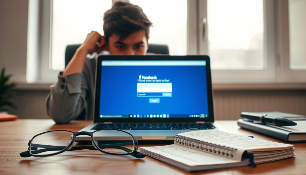 A close-up scene depicting a frustrated user sitting at a desk with a laptop open, displaying the Facebook login page. The user, a young adult in smart casual clothing, has a furrowed brow and is intently focused on the screen. In the foreground, a pair of glasses and a notepad filled with troubleshooting notes sit next to the laptop. The middle ground features the laptop screen showing a typical Facebook login error message, illuminated by soft, ambient desk lighting. In the background, a large window lets in natural daylight, creating a calm atmosphere. The overall mood conveys determination and the effort of troubleshooting, emphasizing the theme of common login problems with a relatable and professional vibe.