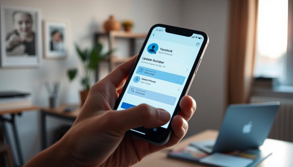 A close-up view of a smartphone displaying the Facebook app interface, focused on the section labeled “Update Phone Number.” The screen glows softly in warm, inviting light, highlighting the easy-to-navigate design with clear icons and buttons. In the foreground, a hand casually holds the phone, showcasing a professional-looking individual in smart casual attire, engaged in updating their contact information. The background is a soft blurred home office scene with a desk, potted plant, and a window letting in natural light, creating an atmosphere of productivity and focus. The overall mood is professional yet approachable, emphasizing the importance of keeping contact details current on social media platforms.