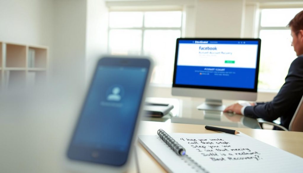 A detailed visual representation of the Facebook account recovery process, featuring a serene office environment. In the foreground, a professional-looking individual in business attire sits at a sleek desk, focused on a laptop screen displaying the Facebook account recovery page. The middle layer includes a blurred view of a smartphone and a notepad with written steps for recovery, emphasizing the process. The background shows a soft-lit room with a large window allowing natural light to illuminate the scene, creating a calm and organized atmosphere. The overall mood conveys clarity and focus, highlighting the importance of account recovery with a sense of ease and professionalism, ideal for educational purposes.