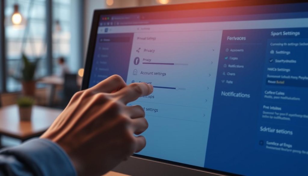 A digital illustration depicting a close-up view of Facebook privacy settings interface on a computer screen. In the foreground, a focused hand is adjusting the privacy sliders, symbolizing control over personal information. The middle ground features a blurred background of a modern office environment with soft, warm lighting to create an inviting atmosphere, highlighting the importance of privacy. The screen should display clear graphical elements, such as iconography representing privacy features – a lock symbol, account settings, and notification options. The overall mood is serious yet empowering, conveying a sense of responsibility and awareness regarding online privacy. Use a realistic lens perspective, creating a slightly shallow depth of field to maintain focus on the privacy settings while subtly hinting at the office surroundings.
