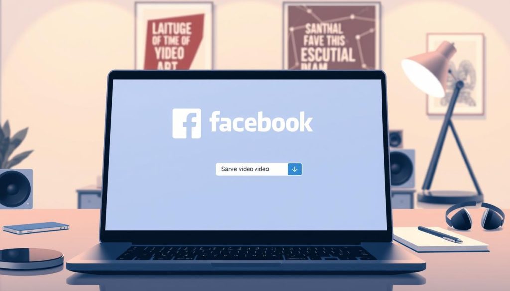 A digital illustration of a modern workspace showcasing a computer screen displaying the Facebook logo alongside a video clip being saved. In the foreground, a sleek laptop with the Facebook interface open, showing a user-friendly video download button. The middle ground features a stylish desk with essential tools like a smartphone, headphones, and a notepad, all bathed in soft, warm lighting, creating a casual yet focused atmosphere. The background includes a clean, minimalistic wall with inspirational tech-related art. The angle of the scene should be slightly elevated and from one side, emphasizing the action of saving the video. The overall mood should be productive and inviting, perfect for readers interested in tech solutions.