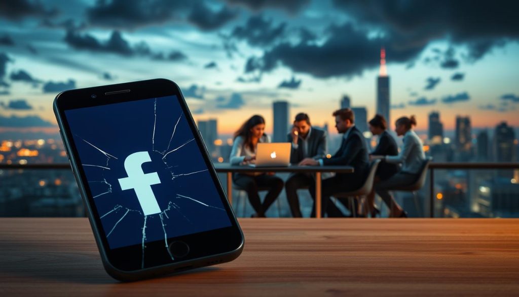 A digitally-rendered visualization depicting the concept of Facebook downtime. In the foreground, a broken smartphone with the Facebook logo on its cracked screen, symbolizing user frustration. The middle layer features a group of diverse professionals, dressed in business attire, gathered around a table with laptops open, discussing their experiences with Facebook outages. They appear concerned yet focused, with expressions reflecting the urgency of the situation. In the background, a stylized city skyline at dusk, illuminated by soft, ambient lighting, with clouds hinting at a storm, creating a moody atmosphere that conveys uncertainty. The overall composition should evoke a sense of inquiry and the impact of digital connectivity, with a subtle focus on teamwork and problem-solving.