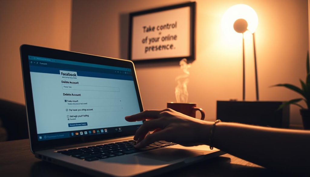 A dimly lit, modern workspace filled with soft, warm lighting. In the foreground, a laptop is open, displaying a Facebook account settings page with the "Delete Account" option prominently visible. A pair of hands, adorned with a modest bracelet, hovers over the touchpad, poised to click. In the middle, a coffee cup sits beside the laptop, steam rising gently, symbolizing a moment of contemplation. The background shows a framed motivational quote on the wall about taking control of your online presence. The overall mood is reflective and focused, capturing the importance of decision-making in the process of erasing a Facebook account. The scene should evoke a sense of clarity and determination as one prepares for this digital step.
