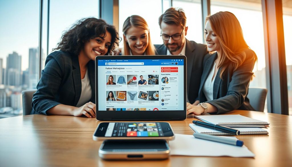 A focused perspective on a modern workspace, featuring a diverse group of three individuals—two women and one man—all dressed in professional business attire. They are gathered around a laptop displaying the Facebook Marketplace interface, showcasing product listings. In the foreground, a smartphone lies on the table displaying various items for sale. The middle ground includes a notepad and pen, suggesting brainstorming ideas for selling. The background shows a contemporary office with an inspiring view of a bustling city skyline. Warm, natural lighting from a window creates a welcoming atmosphere. The overall mood is collaborative and dynamic, reflecting engagement and understanding of the Facebook Marketplace platform.