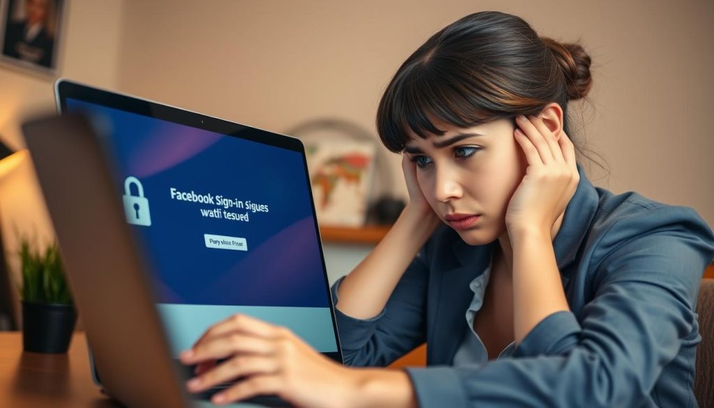 A frustrated young professional woman in smart casual attire sits at her desk, staring at her laptop screen displaying an error message related to Facebook sign-in issues. The foreground features close-ups of her focused expression, showcasing her concern. In the middle, her laptop is partially visible, with symbols like lock icons and question marks highlighted on the screen. The background includes a cozy home office environment, with soft, ambient lighting reflecting a warm yet tense atmosphere. A potted plant is subtly placed in the background to add a touch of calm. The overall mood conveys a mixture of determination and confusion, emphasizing the theme of resolving digital access difficulties. The image captures this struggle without any text or distractions. A frustrated young professional woman in smart casual attire sits at her desk, staring at her laptop screen displaying an error message related to Facebook sign-in issues. The foreground features close-ups of her focused expression, showcasing her concern. In the middle, her laptop is partially visible, with symbols like lock icons and question marks highlighted on the screen. The background includes a cozy home office environment, with soft, ambient lighting reflecting a warm yet tense atmosphere. A potted plant is subtly placed in the background to add a touch of calm. The overall mood conveys a mixture of determination and confusion, emphasizing the theme of resolving digital access difficulties. The image captures this struggle without any text or distractions.