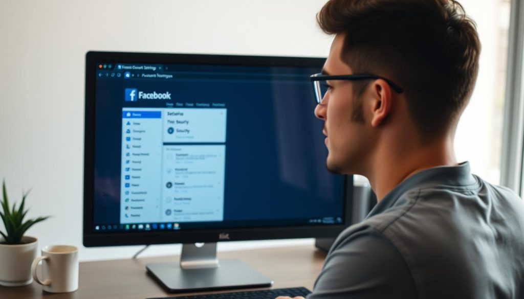 A modern computer screen displaying the Facebook Account Settings interface in a professional setting. The foreground features a mid-20s, casually dressed individual, focused on the screen with a thoughtful expression. The middle layer shows a vivid, clear view of the Facebook settings page, featuring sections like "Personal Information," "Security," and "Privacy" with prominent icons and subtle color contrasts. The background includes a minimalist desk setup with a potted plant and coffee mug, softly illuminated by natural light coming from a nearby window. The atmosphere is calm and focused, evoking a sense of clarity and organization. The scene is captured with a shallow depth of field, drawing attention to the screen while gently blurring the background, highlighting the subject's engagement with the task.
