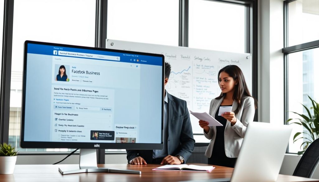 A modern office setting with a large computer screen displaying a Facebook Business Page setup interface. In the foreground, a diverse group of three professionals in business attire—one woman of Asian descent, one man of African descent, and one woman of Hispanic descent—are focused on the screen while discussing and taking notes. The middle layer features a whiteboard filled with brainstorming notes and strategies for business growth. In the background, large windows let in bright, natural light, creating an inviting and motivating atmosphere. The overall mood is collaborative and dynamic, emphasizing teamwork and professionalism. The image is well-lit and captures the essence of a productive business environment, with an emphasis on digital marketing and social media potential. A modern office setting with a large computer screen displaying a Facebook Business Page setup interface. In the foreground, a diverse group of three professionals in business attire—one woman of Asian descent, one man of African descent, and one woman of Hispanic descent—are focused on the screen while discussing and taking notes. The middle layer features a whiteboard filled with brainstorming notes and strategies for business growth. In the background, large windows let in bright, natural light, creating an inviting and motivating atmosphere. The overall mood is collaborative and dynamic, emphasizing teamwork and professionalism. The image is well-lit and captures the essence of a productive business environment, with an emphasis on digital marketing and social media potential.