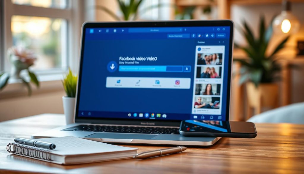 A sleek, modern interface of a fictional Facebook video downloader application displayed on a laptop screen, sitting on a wooden desk. The foreground features neatly arranged stationery items: a notebook, a pen, and a smartphone reflecting a vibrant social media feed. In the middle ground, the laptop's screen shows an animated progress bar indicating video downloading, with vivid icons representing video restrictions. The background is softly blurred, revealing a cozy workspace decorated with indoor plants and a warm ambiance from natural light streaming through a window. The overall mood is efficient and informative, capturing the essence of technology and digital content management. The scene is shot with a shallow depth of field to emphasize the laptop display while keeping the workspace inviting and professional.
