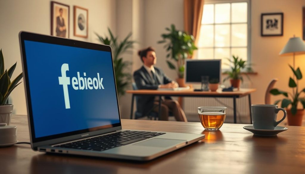 A thoughtfully designed workspace depicting a digital detox theme, emphasizing the reasons to remove a Facebook account. In the foreground, show a laptop closed with a Facebook logo gently fading away, symbolizing disconnection. In the middle, illustrate a serene person sitting at a desk, dressed in professional business attire, gazing thoughtfully out of a window, surrounded by calming elements like indoor plants and a cup of herbal tea. The background should depict a soft, inviting home office with warm, natural lighting, creating an atmosphere of reflection and clarity. The overall mood is introspective and empowering, conveying a sense of freedom and serenity from social media.