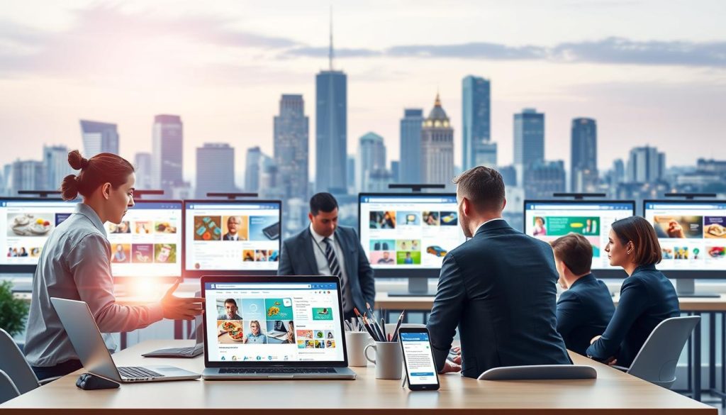 A vibrant and dynamic scene depicting a virtual marketplace optimized for businesses, showcasing various interconnected digital devices like laptops and smartphones displaying the Facebook Marketplace interface. In the foreground, a diverse group of professionals in business attire is engaged in discussions around a table, analyzing market trends. The middle ground features colorful product listings displayed on screens, with a variety of items like handmade crafts, local foods, and tech gadgets. In the background, an abstract skyline of a modern city symbolizes business growth and opportunity. Soft, ambient lighting creates a welcoming atmosphere, while a subtle lens flare adds a sense of innovation. The overall mood is energetic and collaborative, perfect for illustrating business growth potential. A vibrant and dynamic scene depicting a virtual marketplace optimized for businesses, showcasing various interconnected digital devices like laptops and smartphones displaying the Facebook Marketplace interface. In the foreground, a diverse group of professionals in business attire is engaged in discussions around a table, analyzing market trends. The middle ground features colorful product listings displayed on screens, with a variety of items like handmade crafts, local foods, and tech gadgets. In the background, an abstract skyline of a modern city symbolizes business growth and opportunity. Soft, ambient lighting creates a welcoming atmosphere, while a subtle lens flare adds a sense of innovation. The overall mood is energetic and collaborative, perfect for illustrating business growth potential.