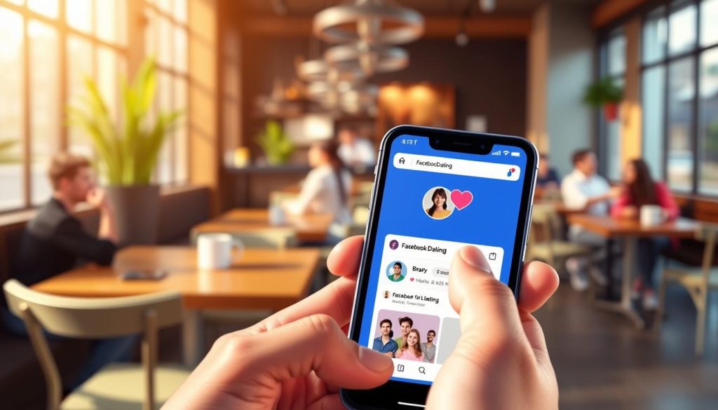 A vibrant and modern digital illustration showcasing the Facebook Dating feature interface on a smartphone screen. In the foreground, a close-up of a hand holding the phone, displaying a colorful, user-friendly app layout with profiles, heart icons, and a matchmaking interface, all designed in the distinctive Facebook branding colors. The middle layer features a stylish, contemporary café setting with blurred patrons in the background, enjoying their time, creating a warm and inviting atmosphere. Soft, natural lighting filters through the windows, casting gentle shadows, enhancing the inviting vibe. The overall mood is cheerful and optimistic, capturing the essence of modern dating in a familiar social media context, emphasizing connection and interaction.