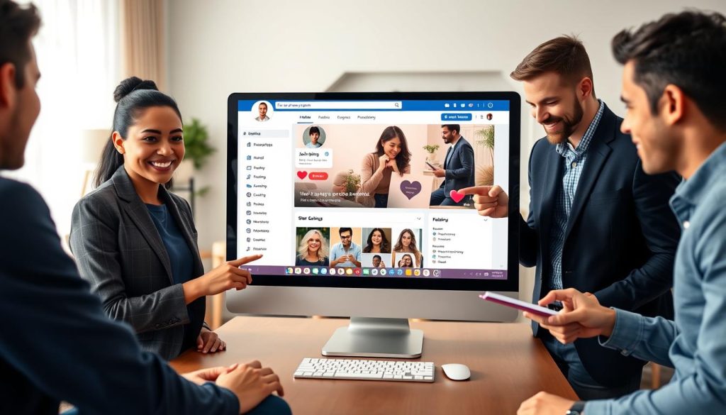 A vibrant, modern digital workspace showcasing the Facebook Dating feature on a sleek computer screen. In the foreground, a diverse group of three individuals, dressed in smart casual attire, engage with the platform; one is smiling while exploring potential matches, another points to the screen, and the third takes notes. The middle ground features the computer displaying an inviting layout of profiles and matching options, with heart icons and a user-friendly interface reflecting warmth and connection. In the background, a cozy living room with soft lighting sets a relaxed yet engaging atmosphere, emphasizing a sense of authenticity and comfort. The overall mood is friendly and inviting, illustrating the theme of modern online dating.