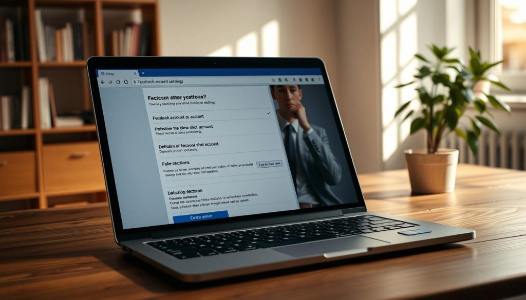 A visually engaging depiction of the Facebook account deletion process, capturing the essence of the steps involved. In the foreground, a laptop is open on a wooden desk, displaying the Facebook account settings interface with options for deactivation and deletion clearly visible. The middle layer features a person in professional business attire, thoughtfully contemplating their decision, emphasizing the importance of this choice. The background consists of a softly-lit room with a potted plant and a shelf filled with books, creating a calm atmosphere. Soft, natural light streams through a window, casting gentle shadows that enhance the mood of reflection. The overall ambiance should evoke a sense of clarity and determination related to online privacy decisions.