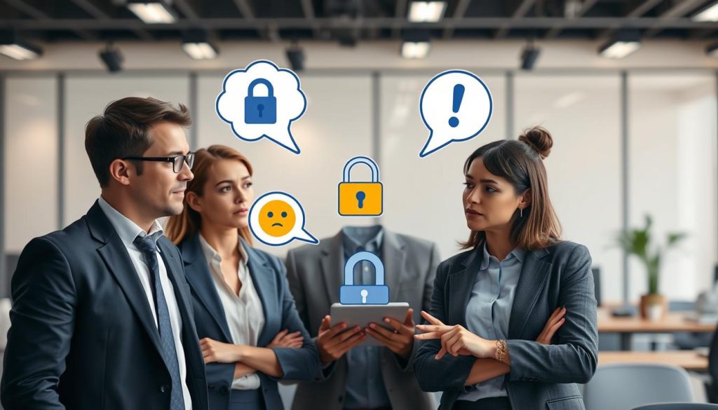 A visually engaging illustration depicting various common reasons for recovering a Facebook account. In the foreground, feature a diverse group of three professionals—one male and two females—dressed in smart casual attire, discussing in a focused manner, with expressions of concern and determination. In the middle ground, display visual elements representing the recovery reasons, such as a locked padlock, a confused emoji, and an exclamation mark, floating around them in a thought bubble style. The background should be a soft, modern office setting with gentle, diffused lighting, creating an atmosphere of collaboration and problem-solving. Capture the scene with a slight depth of field, emphasizing the foreground subjects while allowing the background to softly fade. Aim for a calm, focused mood to resonate with the theme of account recovery.