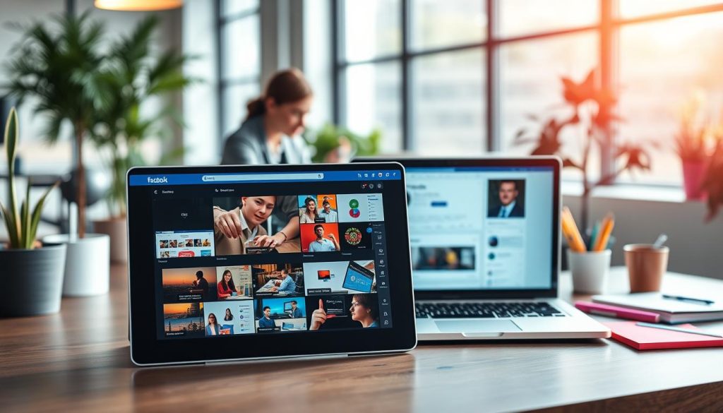 A visually striking Facebook cover photo template displayed prominently in the foreground, showcasing various design styles suitable for different types of Facebook pages. In the middle ground, a clean workspace with a laptop open, revealing design software on the screen. The background features a vibrant, modern office environment with soft natural lighting filtering through large windows. Surrounding elements like potted plants and colorful stationery add a touch of liveliness. The mood is professional yet creative, emphasizing a harmonious blend of technology and design. Ensure that any human figures (if present) are depicted in professional business attire, working collaboratively on their designs. The composition is balanced, capturing a sense of inspiration and practicality.