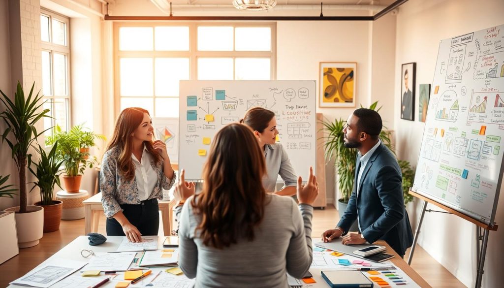 A bright and inspiring workspace filled with creative entrepreneurial ideas. In the foreground, a diverse group of three professionals—two women and one man—collaborating over a colorful brainstorming session. They are dressed in smart casual attire and engaged in creative discussions, surrounded by sketches, sticky notes, and a laptop displaying e-commerce data. The middle ground features a large whiteboard filled with flowcharts and diagrams, highlighting innovative concepts and goals. In the background, a large window lets in warm natural light, casting a glow over potted plants and artwork on the walls, creating a vibrant and energizing atmosphere. The scene conveys motivation and teamwork, embodying the spirit of entrepreneurial passion and skills.
