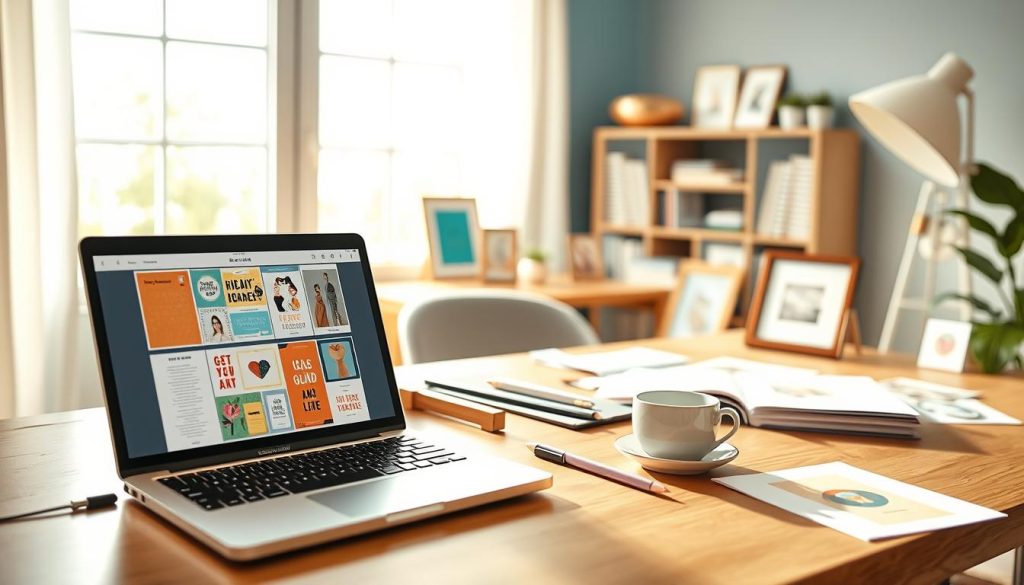 A bright, inviting workspace showcasing a variety of Etsy digital products. In the foreground, a laptop displays colorful digital downloads like printable art, planners, and templates. Surrounding it, scattered mockups of digital products in elegant frames, giving a sense of variety and creativity. In the middle, a stylish desk with organized stationery and a cup of coffee, enhancing a cozy atmosphere. The background features a softly blurred window allowing natural light to flood the room, creating a warm and productive mood. The scene conveys the smart business opportunity of selling digital products, with a professional yet approachable ambiance; a focused angle emphasizes the allure of the products.