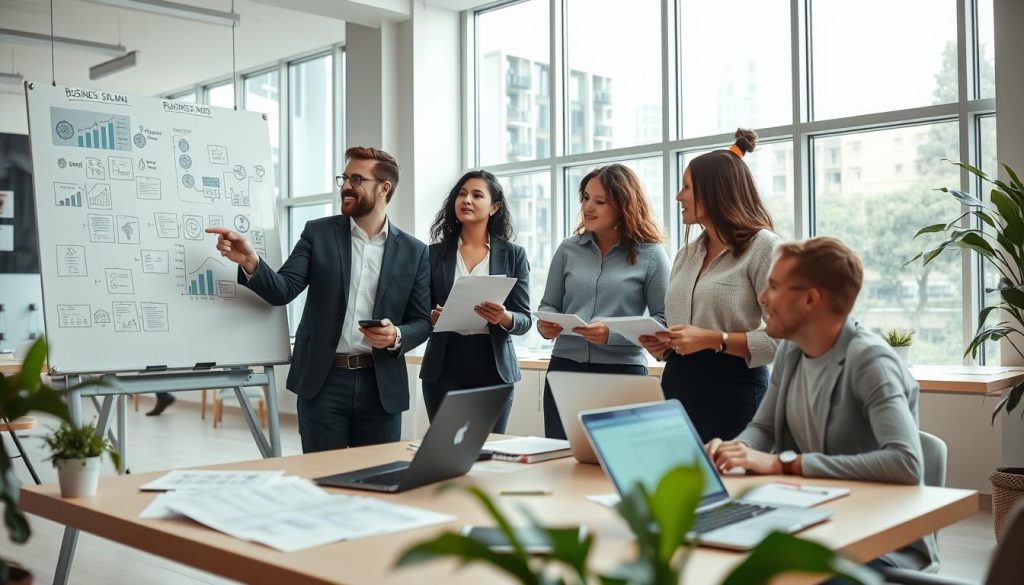 A bright, modern workspace filled with professionals collaborating on service business ideas. In the foreground, a diverse group of three businesspeople is engaged in a brainstorming session, surrounded by laptops, charts, and notes. One is pointing at a whiteboard filled with diagrams illustrating business models, while the others take notes. In the middle ground, there are tables with business plan documents and digital devices showcasing e-commerce concepts. The background features large windows that allow natural light to fill the room, enhancing the energetic atmosphere. The composition is shot at a slight angle to give depth, with a focus on the lively interaction among the team, conveying a sense of innovation and collaboration in the service industry.