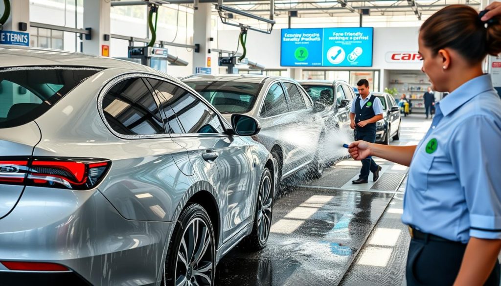 A bustling car wash with modern equipment, featuring multiple vehicles being washed by professional staff in neat uniforms. In the foreground, a shiny sedan is being gently scrubbed by an employee using high-pressure water and eco-friendly soap, showcasing a commitment to sustainability. In the middle ground, a digital display board highlights industry trends, such as eco-friendly products and advanced washing techniques. The background includes a well-organized service area with clear signage and customers waiting in comfortable seating. Bright, natural lighting enhances the freshness of the scene, captured with a slightly elevated angle to provide a comprehensive view of the car wash operation. The atmosphere is lively and professional, reflecting the growth and innovation within the car wash industry.