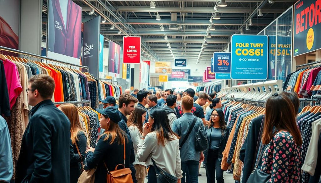 A bustling clothing market scene showcasing contemporary fashion trends. In the foreground, a diverse group of fashion-forward individuals, dressed in stylish, professional attire, engage in discussions around vibrant clothing displays. The middle layer features an array of trendy apparel hanging on sleek racks, with eye-catching colors and patterns, indicative of the latest market trends. In the background, a bright, well-lit environment filled with clothing shops, mannequins showcasing seasonal collections, and bold promotional signs emphasizing e-commerce, all contributing to an energetic shopping atmosphere. Soft, natural lighting floods the scene, enhancing the textures of the fabrics and creating a lively, inviting mood that reflects the vibrant clothing market landscape.