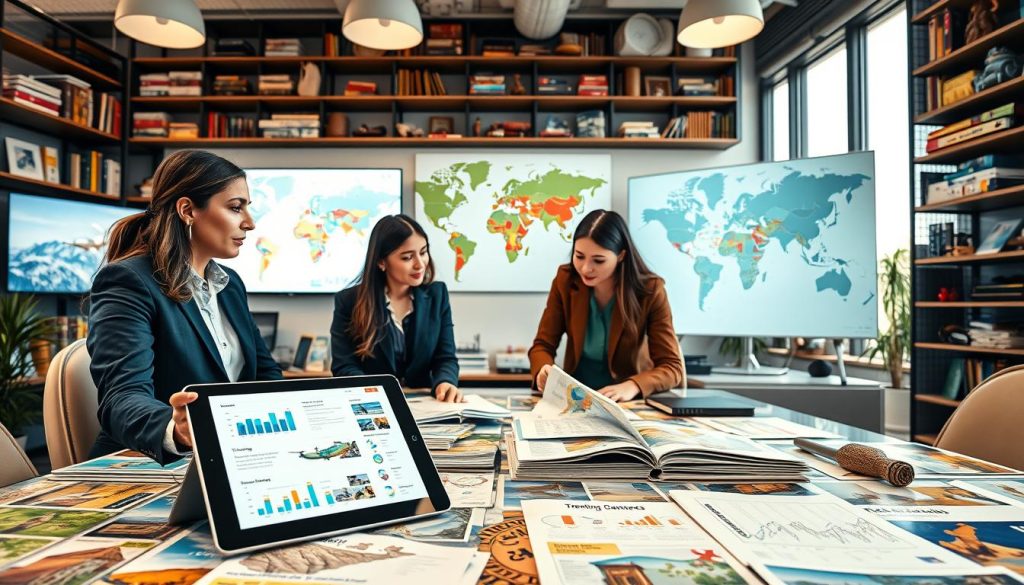 A bustling travel agency office scene with a diverse group of three professionals in smart business attire collaborating around a large table covered with travel brochures and market research reports. In the foreground, a close-up of a tablet displaying trending travel destinations and customer analytics. In the middle ground, large screens showcasing e-commerce travel platforms and destination maps, while a world map is pinned on the wall. The background features shelves filled with travel books and artifacts from around the world, softly lit by natural light streaming in through large windows, creating a warm and inviting atmosphere. The mood is focused and dynamic, capturing the essence of innovation and collaboration in the travel industry.