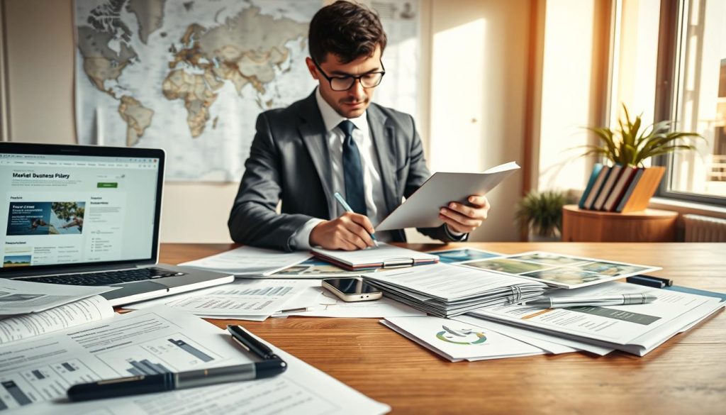 A close-up view of a travel agency business plan being developed at a modern workspace. The foreground features a wooden desk cluttered with detailed market research papers, a laptop displaying a travel-themed website, and a smartphone showing flight options. In the middle, a professional individual in business attire is focused on drafting ideas on a notepad, surrounded by travel brochures and maps. The background has a large map of the world pinned on the wall, illuminated by natural light streaming through a window, creating an inspiring atmosphere filled with travel aspirations. The composition should evoke a sense of professionalism and creativity, capturing the essence of planning a travel agency.