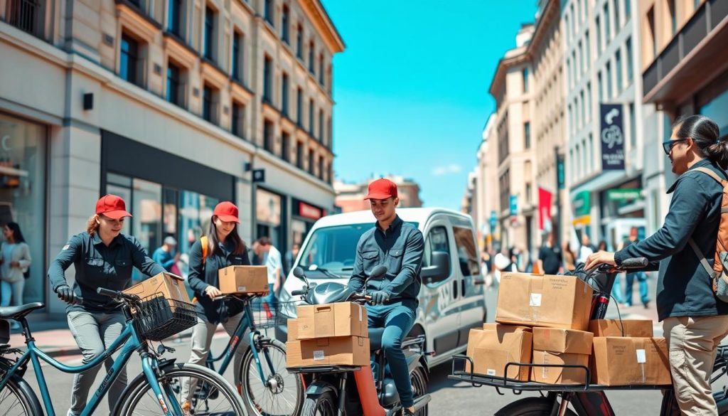 A collage showcasing various types of courier services in a bustling urban setting. In the foreground, a diverse team of three couriers dressed in smart casual uniforms prepares packages on bicycles and scooters. The middle ground features a delivery van, with e-commerce packages prominently displayed. In the background, a busy street scene with pedestrians, storefronts, and a clear blue sky, emphasizing the dynamic nature of the courier industry. The lighting is bright and natural, suggesting a sunny day, with soft shadows adding depth. The atmosphere is energetic and vibrant, capturing the essence of fast-paced delivery services in modern e-commerce. The image should not contain any text, logos, or identifying markers. A collage showcasing various types of courier services in a bustling urban setting. In the foreground, a diverse team of three couriers dressed in smart casual uniforms prepares packages on bicycles and scooters. The middle ground features a delivery van, with e-commerce packages prominently displayed. In the background, a busy street scene with pedestrians, storefronts, and a clear blue sky, emphasizing the dynamic nature of the courier industry. The lighting is bright and natural, suggesting a sunny day, with soft shadows adding depth. The atmosphere is energetic and vibrant, capturing the essence of fast-paced delivery services in modern e-commerce. The image should not contain any text, logos, or identifying markers.