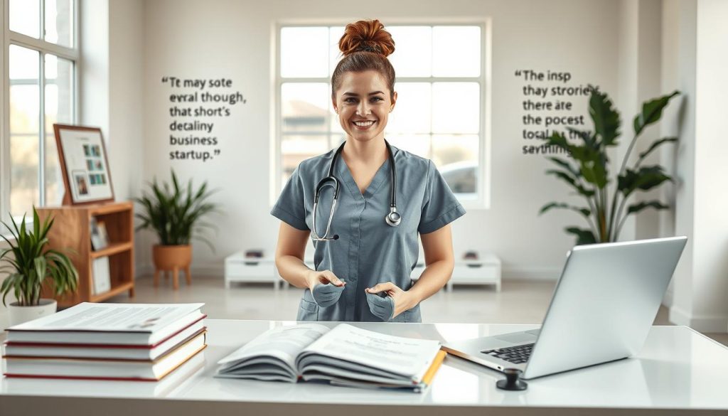 A confident nurse entrepreneur, wearing professional business attire, stands in a modern office space, engaged in a video call with a satisfied client on her laptop. In the foreground, an elegantly organized desk displays medical textbooks, business reports, and a stethoscope, symbolizing the fusion of healthcare and entrepreneurship. In the middle, the nurse, a woman with brown hair in a neat bun, exudes positivity and determination, reflecting her dedication to a healthcare startup. The background features a bright, airy room with large windows, letting in natural light, and showcasing inspirational quotes about business success on the walls. The overall atmosphere is inspiring, combining professionalism with a sense of innovation and creativity in the nursing field. A confident nurse entrepreneur, wearing professional business attire, stands in a modern office space, engaged in a video call with a satisfied client on her laptop. In the foreground, an elegantly organized desk displays medical textbooks, business reports, and a stethoscope, symbolizing the fusion of healthcare and entrepreneurship. In the middle, the nurse, a woman with brown hair in a neat bun, exudes positivity and determination, reflecting her dedication to a healthcare startup. The background features a bright, airy room with large windows, letting in natural light, and showcasing inspirational quotes about business success on the walls. The overall atmosphere is inspiring, combining professionalism with a sense of innovation and creativity in the nursing field.