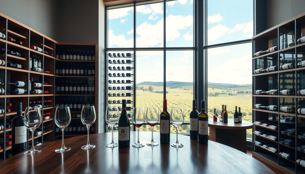 A contemporary wine cellar showcasing the latest trends in the wine industry. In the foreground, a polished wooden tasting table adorned with elegant wine glasses and a selection of premium wines. The middle ground features stylish, modern wine racks filled with a variety of wine bottles, highlighting the diversity of the market. In the background, a large window offers a view of lush vineyards under a bright blue sky, symbolizing growth and sustainability. Soft, natural lighting floods the scene, creating an inviting atmosphere. The composition emphasizes sophistication and professionalism, suitable for a business audience looking to understand the wine industry basics.