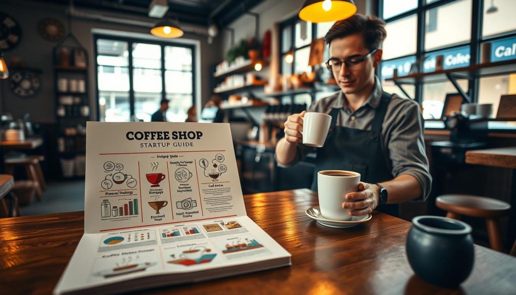 A cozy coffee shop interior with warm, inviting lighting, showcasing a wooden table adorned with a neatly organized coffee shop startup guide. The guide features colorful illustrations of coffee types, business strategies, and financial planning charts. In the foreground, a professional barista in modest attire pours steaming coffee into a cup, embodying the spirit of entrepreneurship. In the middle ground, soft shelves lined with coffee supplies and decorations reflect a community-friendly atmosphere. The background includes large windows letting in natural light, with a glimpse of a bustling street outside. The overall mood is upbeat and motivating, symbolizing the journey of starting a coffee shop business. The image is taken from an eye-level angle to enhance intimacy and engagement.